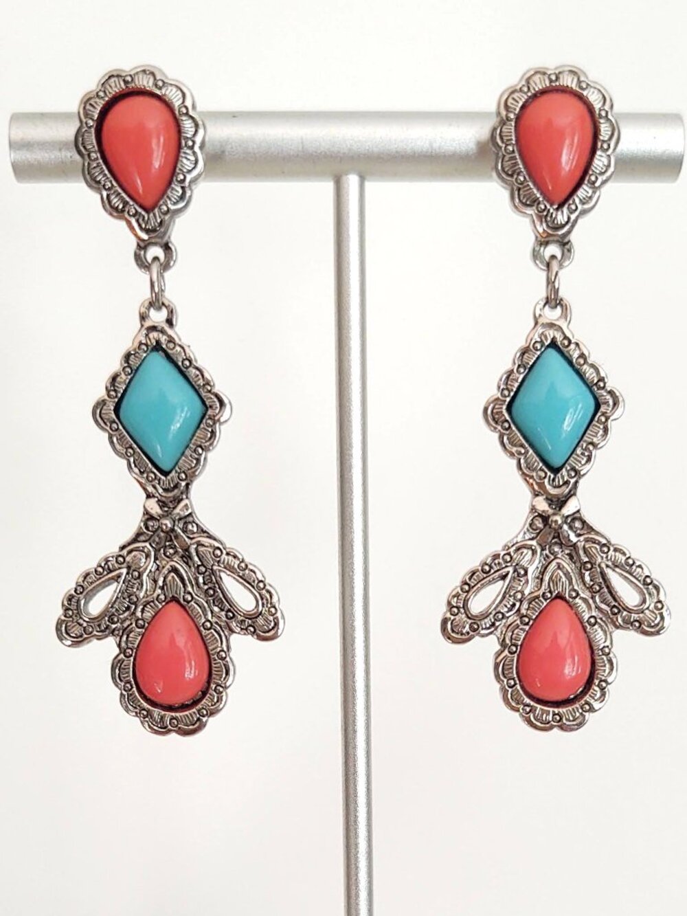 Coral and turquoise beaded earrings with silver base
